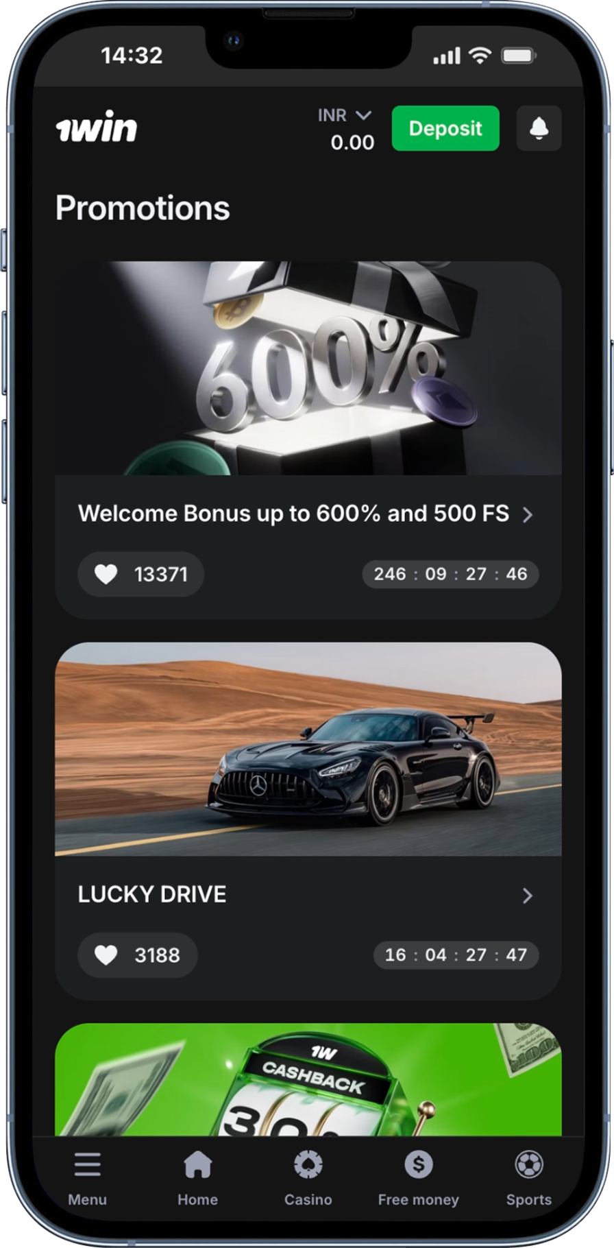 Screenshot of the 1Win App Bonuses page
