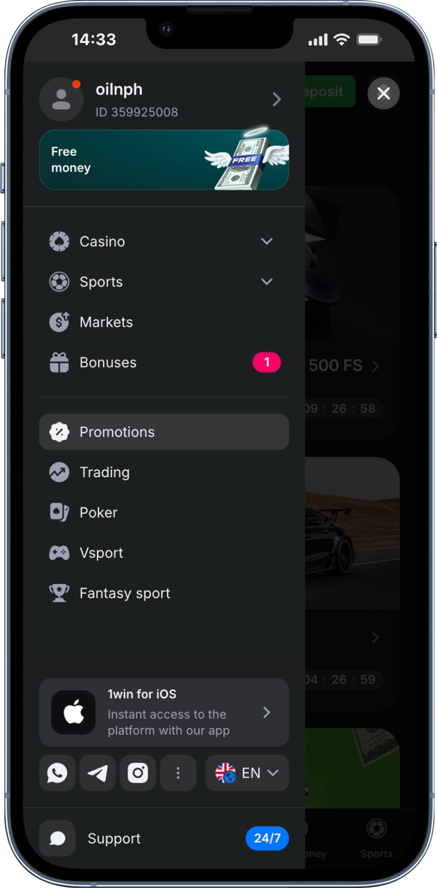 Screenshot of the 1Win app's side menu