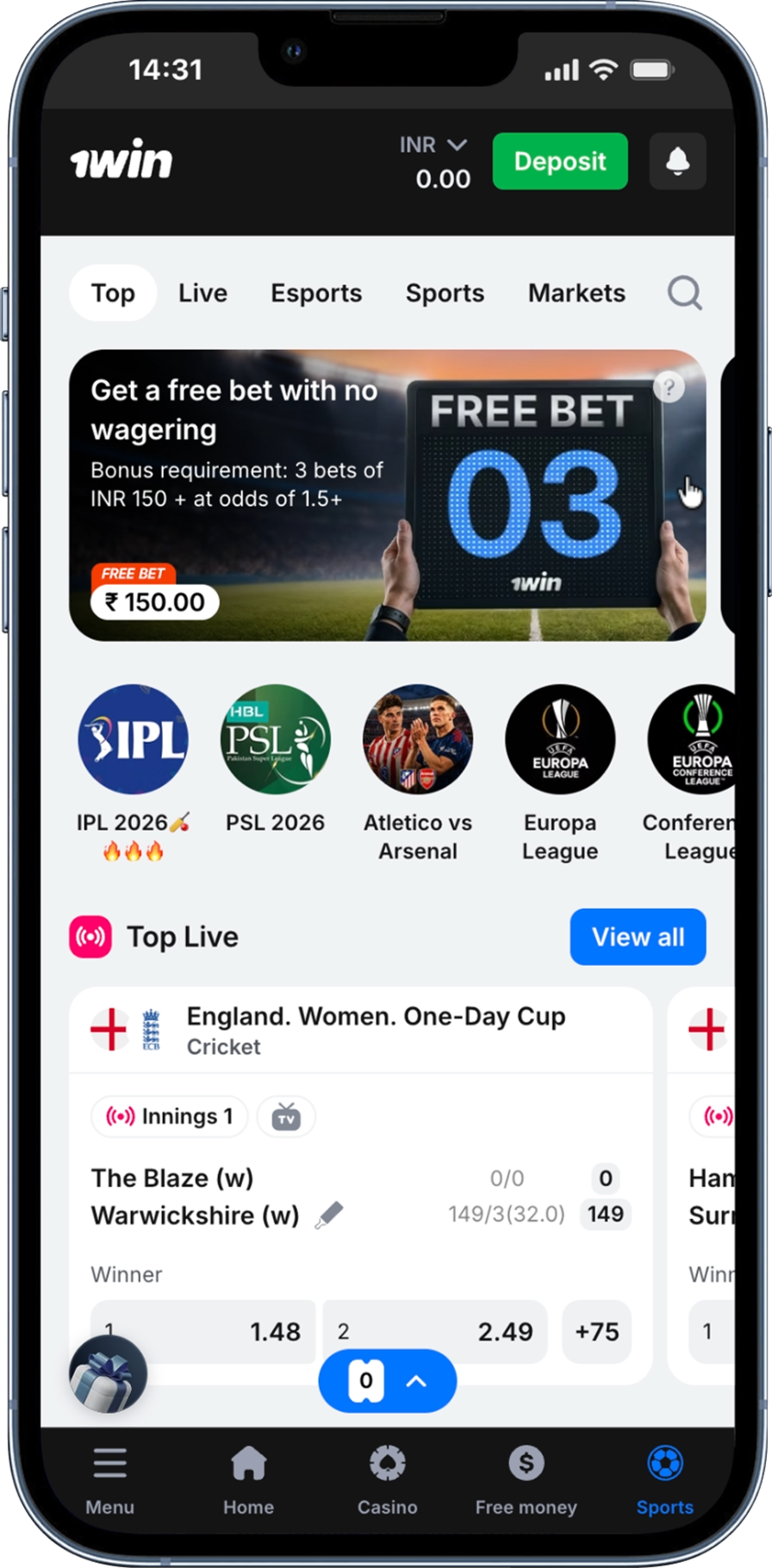 1Win App Sports Betting page Screenshot