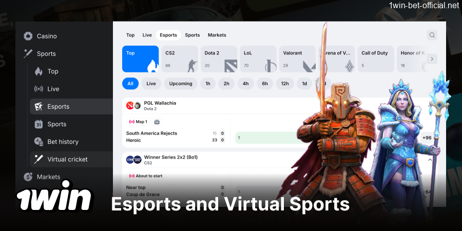 1win esports and virtual sports betting section